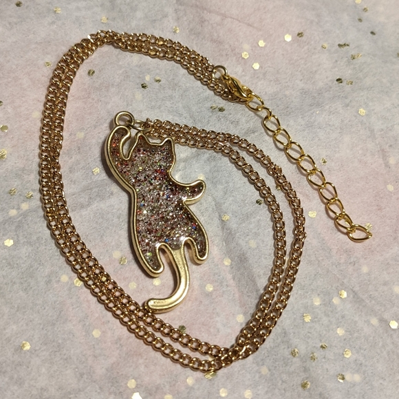 Sparkly Cat Necklace Glitter Handmade Cute Gift Gold Cats Pet Kitty Cats Unique - Picture 5 of 7